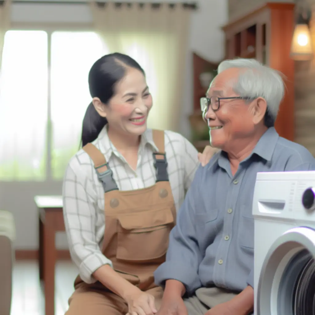 Senior odbiera naprawioną pralkę od technika BestDealsHubb