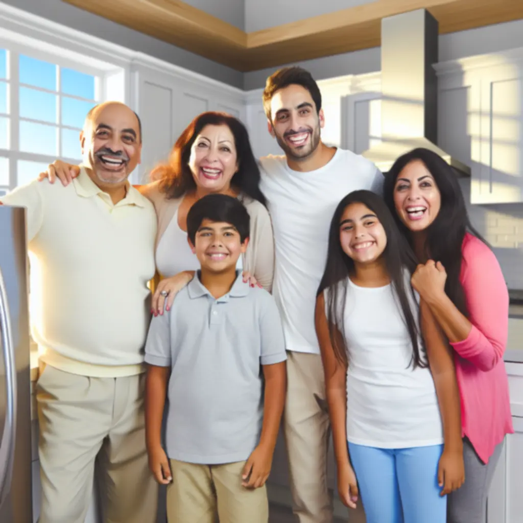 Szczęśliwa rodzina w kuchni z naprawioną lodówką